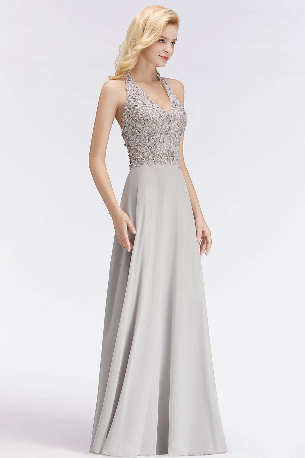 Chicloth A-line Halter Chiffon Lace Bridesmaid Dress with Beadings