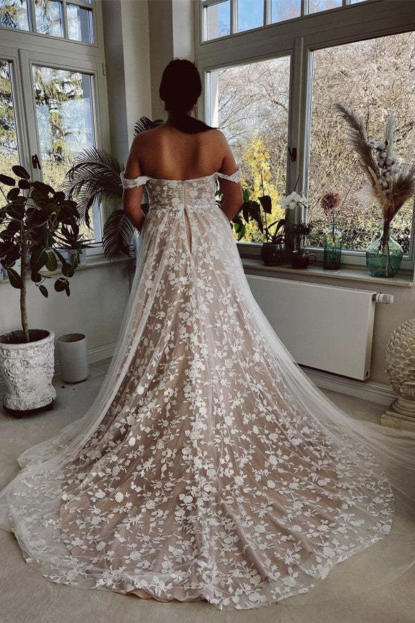 Chicloth Off-the-Shoulder Wedding Dress Champagne Lace Appliques