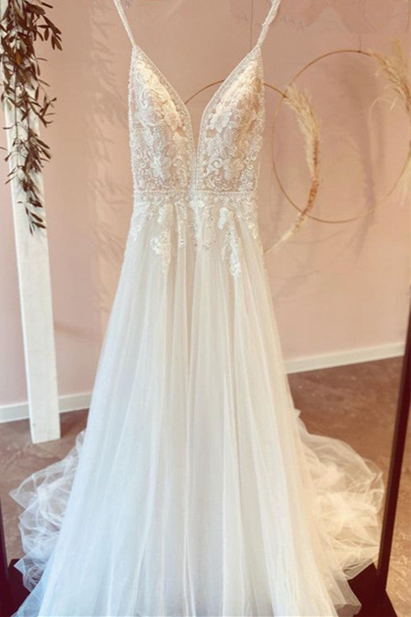 Chicloth Spaghetti-Straps V-Neck Wedding Dress Tulle Long