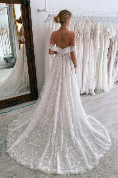 Chicloth A-Line Princess Wedding Dress Off-the-Shoulder With Lace Appliques