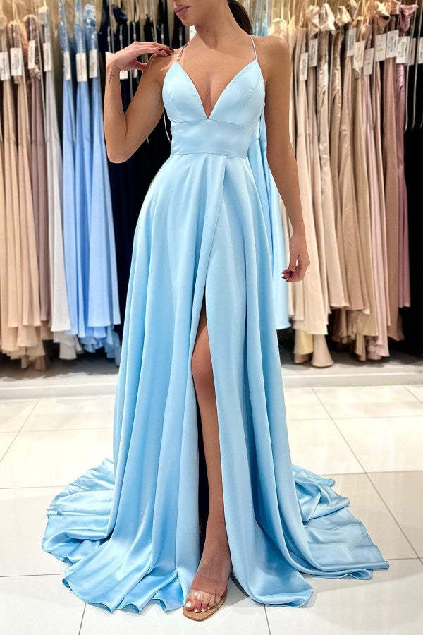 Chicloth Sky Blue Spaghetti-Straps Prom Dress Split Long On Sale