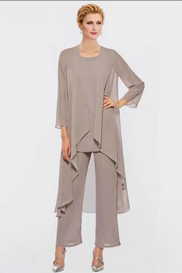 Elegant Chiffon Mother of the Bride Dress Long Sleeves Two-Piece Wedding Guest Outfits