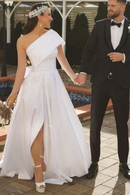 Chicloth Off-the-Shoulder White Wedding Dress Satin With Slit