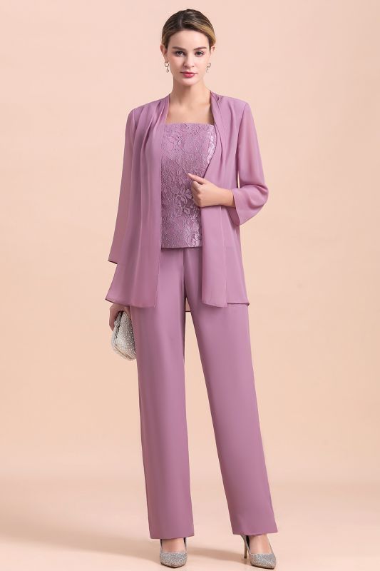 Chiffon 3 Pieces Mother of the Bride Dress Scoop Neck Floral Lace Lilac Jumpsuit Wedding Guest Dress