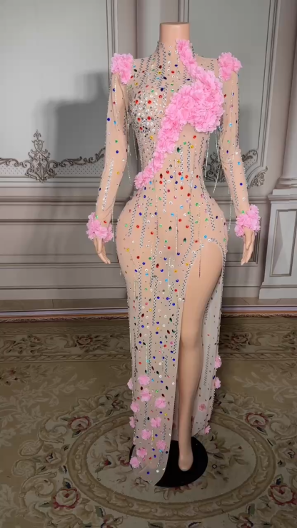 High Neck Floor Length Flowers Sheath Prom Dress Long Sleeves