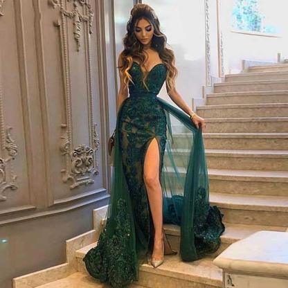 Chicloth Dark Green Mermaid Prom Dress Tulle Skirt Split With Appliques