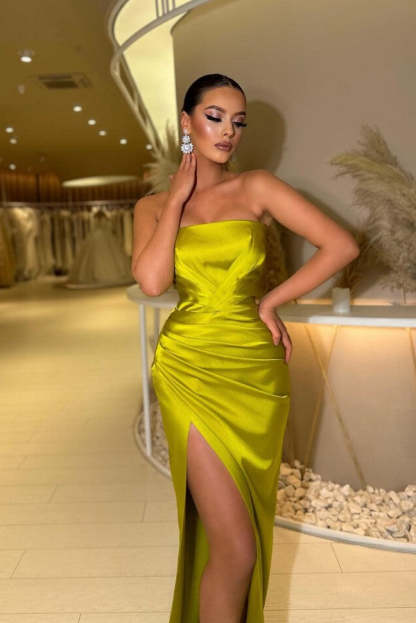 Chicloth Yellow Green Strapless Prom Dress Mermaid Long With Split