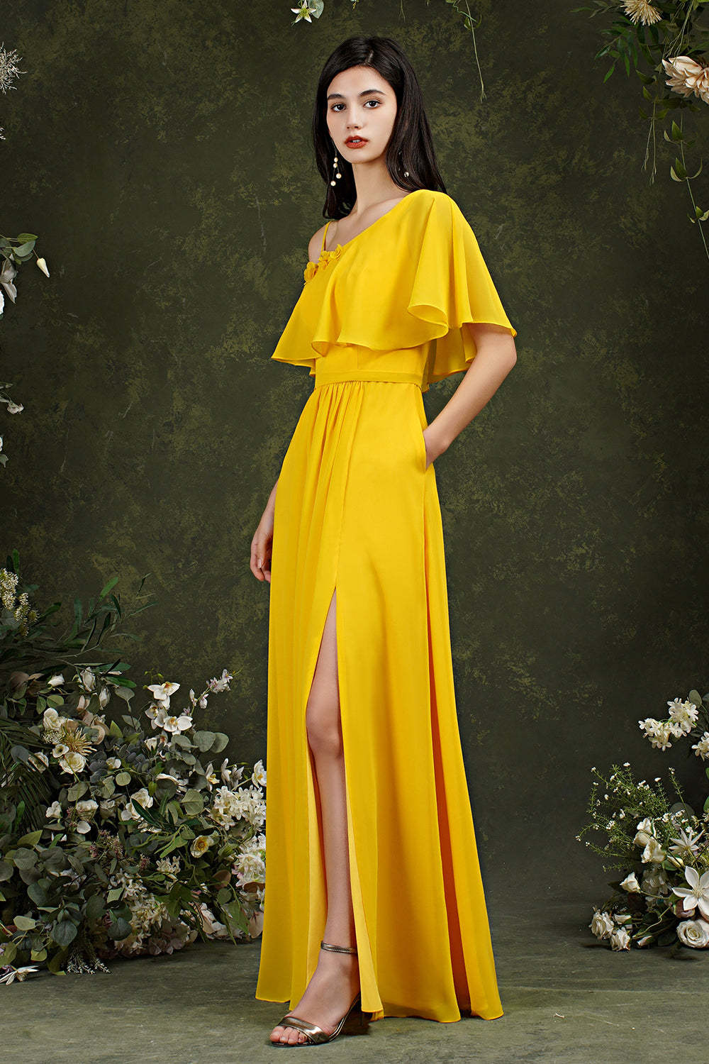Chicloth One Shoulder Ruffles Bridesmaid Dress Long With Slit