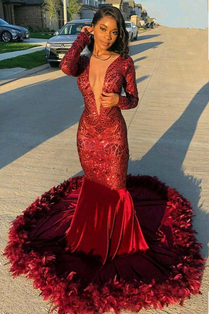 Chicloth Long Sleeves Burgundy Prom Dress Sequins Mermaid Online