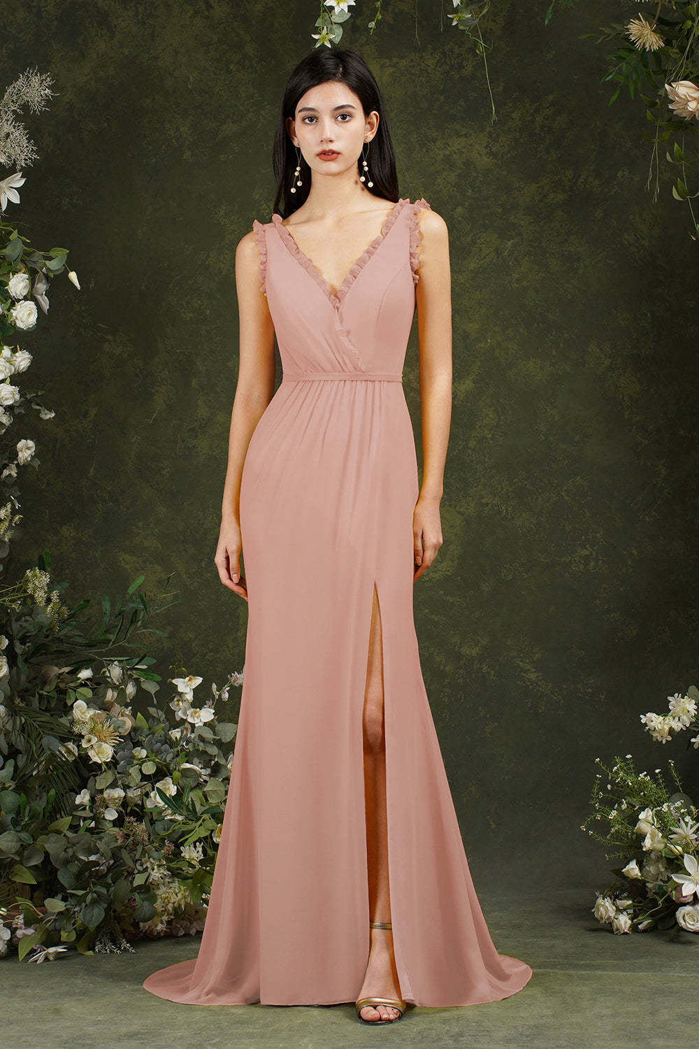 Chicloth V-Neck Bridesmaid Dress Chiffon With Slit