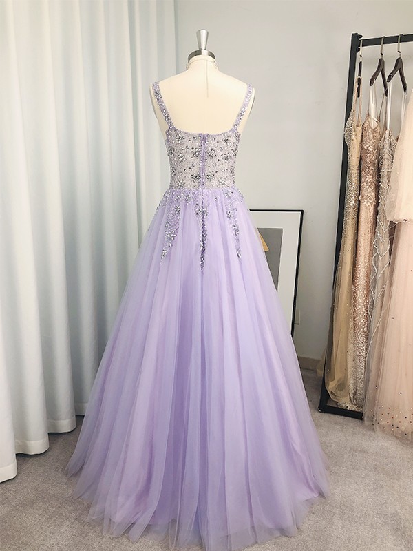 Lavender V-Neck Lace Appliques A-Line Prom Dress