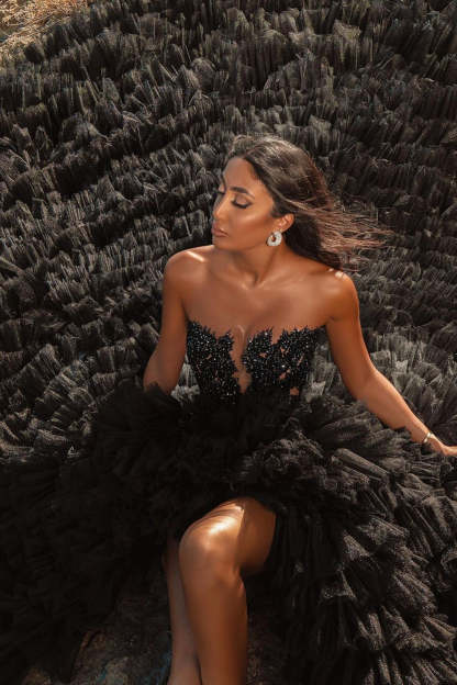 Chicloth Black Strapless Lace Applqiues Wedding Dress Hi-Lo Ruffles