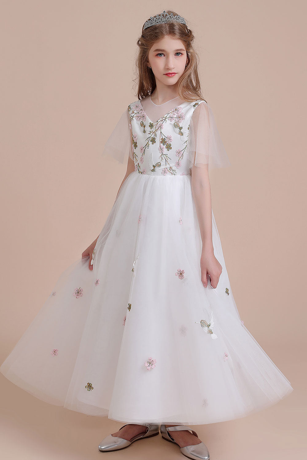 Chicloth A-Line Short Sleeve Embroidered Tulle Flower Girl Dress On Sale