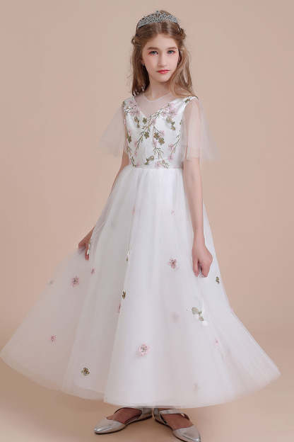 Chicloth A-Line Short Sleeve Embroidered Tulle Flower Girl Dress On Sale