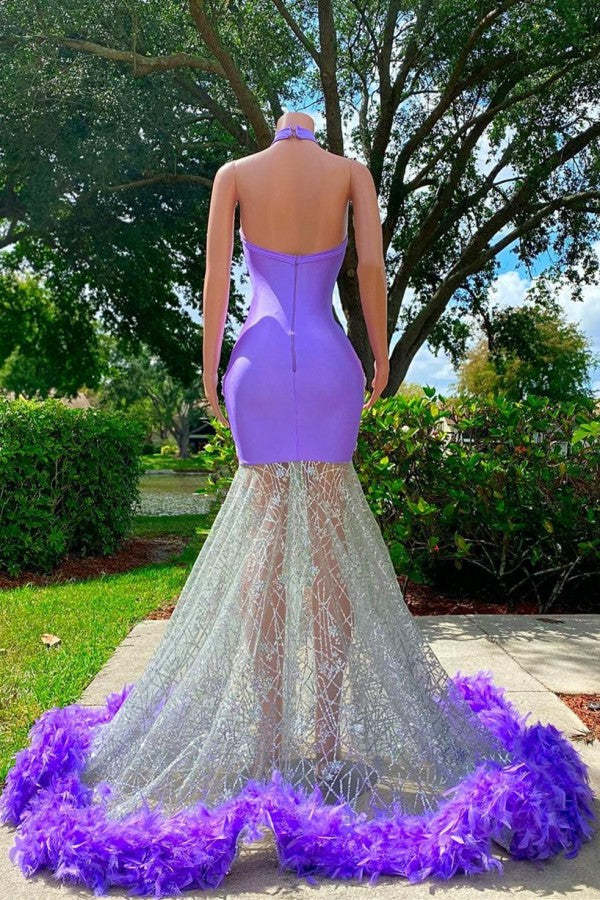 Chicloth Lavender High Neck Prom Dress Mermaid Appliques With Feather