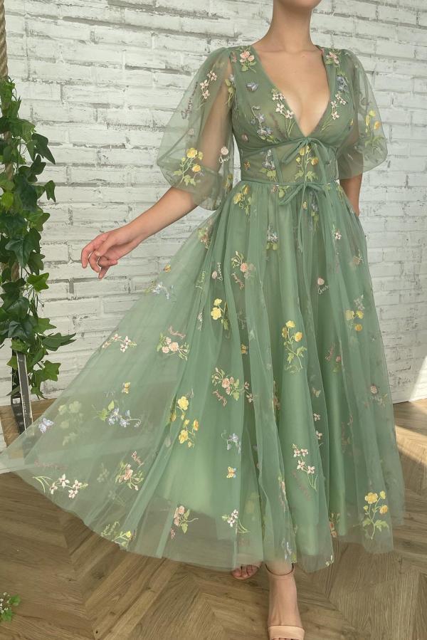 Chicloth V-Neck Tulle Sage Green Prom Dress Long With Flowers