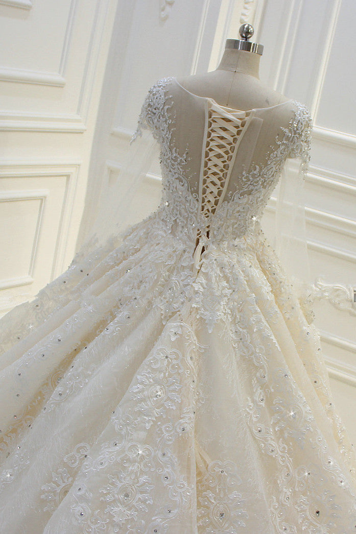 Chicloth Luxury Ball Gown Jewel Tulle Wedding  Dress Long Sleeves Lace Applqiues Beadings Bridal Gowns On Sale