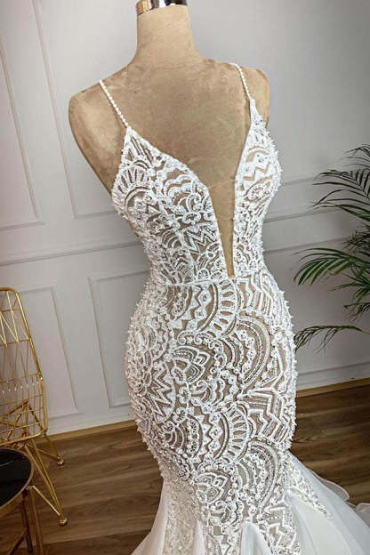 Chicloth Affordable Mermaid Spaghetti Straps Lace Wedding Dresses Ivory Sleeveless Bridal Gowns With Appliques Online