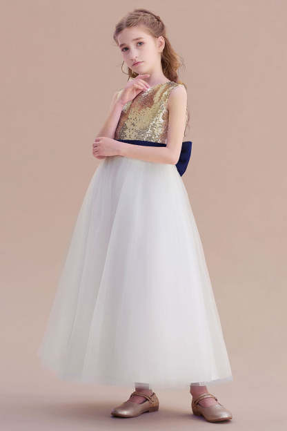 Chicloth A-Line Bow Sequins Ankle Length Flower Girl Dress Online