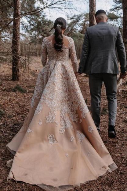 Chicloth Champagne Long Sleeves Wedding Dress Ball Gown With Appliques