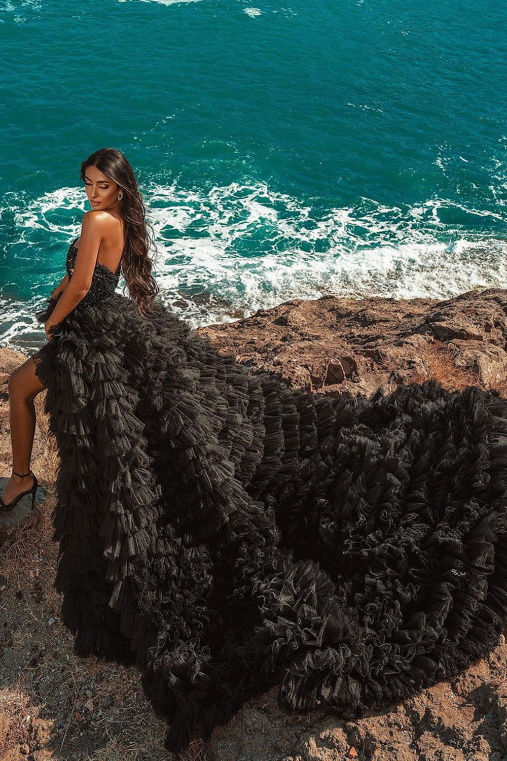 Chicloth Black Strapless Lace Applqiues Wedding Dress Hi-Lo Ruffles