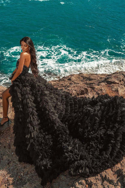 Chicloth Black Strapless Lace Applqiues Wedding Dress Hi-Lo Ruffles
