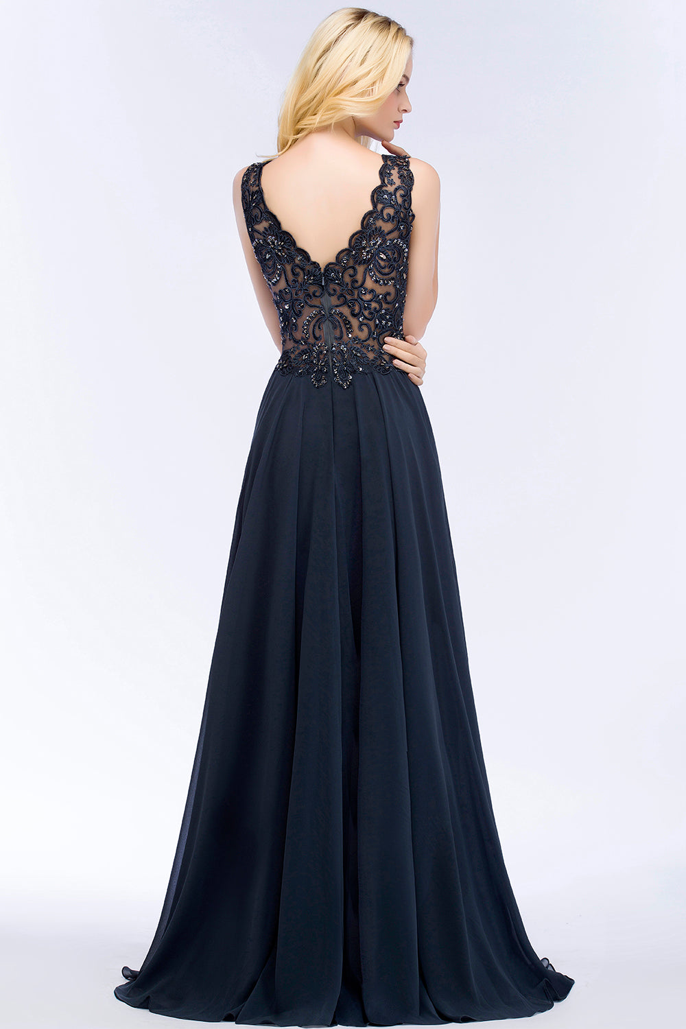 Chicloth A-line V-neck Sleeveless Long Appliqued Chiffon Prom Dress with Crystals