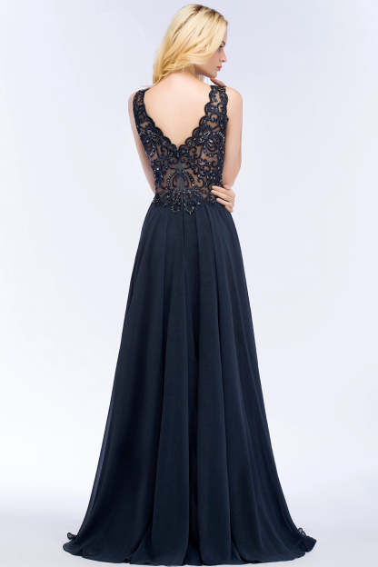 Chicloth A-line V-neck Sleeveless Long Appliqued Chiffon Prom Dress with Crystals