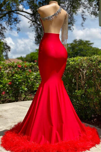 Chicloth Red Mermaid Prom Dress One Shoulder Long Sleeve With Feather