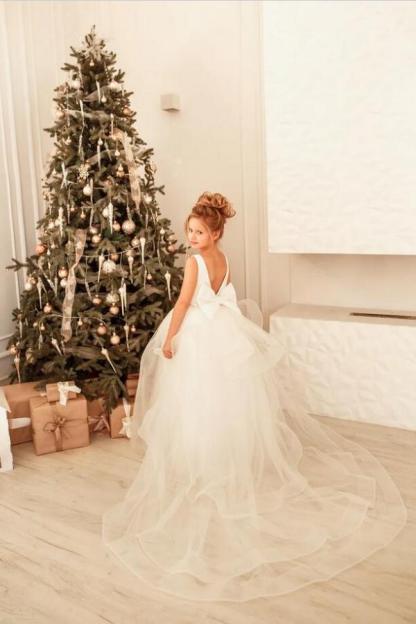 Chicloth White Tulle Glitter Flower Girl Dress With Bowknot Back
