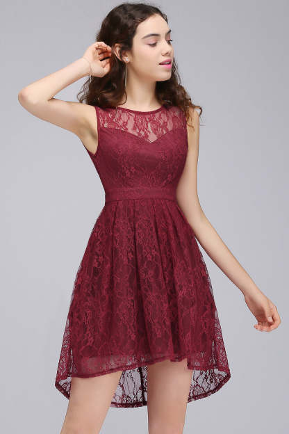 Chicloth A-Line Round Neck Short Lace Burgundy Homecoming Dress