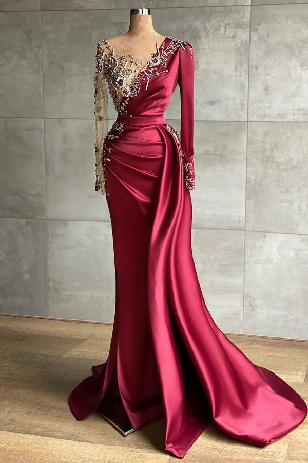 Chicloth Burgundy Long Sleeves Mermaid Prom Dress With Beadings