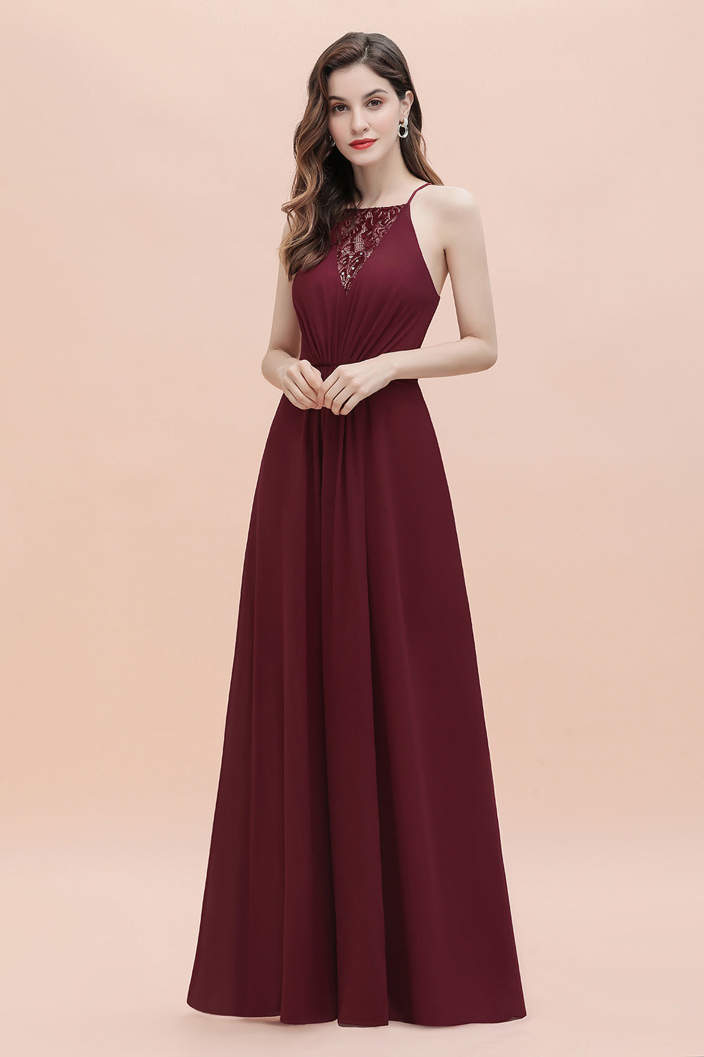 Chicloth Sexy V-neck Burgundy Chiffon Bridesmaid Dress Spaghetti Straps Lace Sequins Evening Dress