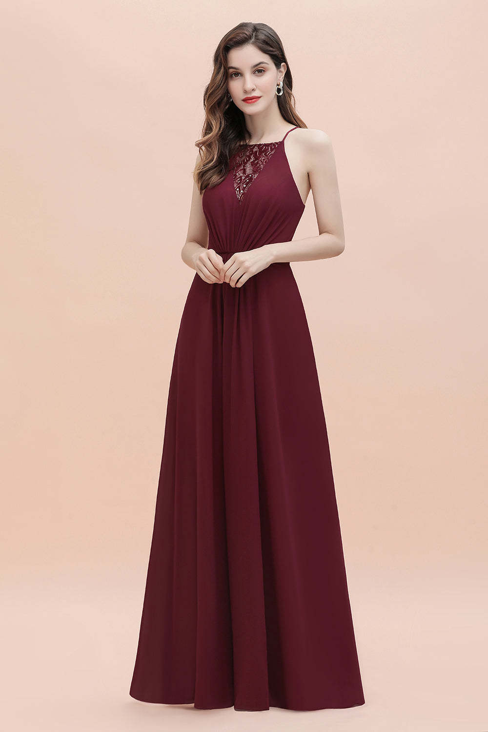 Chicloth Sexy V-neck Burgundy Chiffon Bridesmaid Dress Spaghetti Straps Lace Sequins Evening Dress