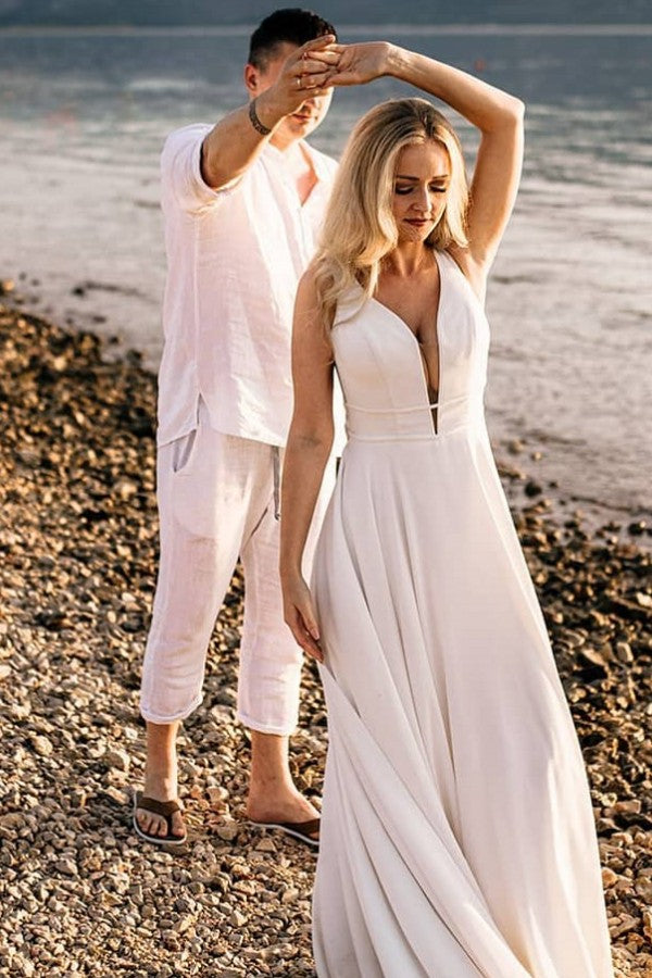 Chicloth V-Neck Sleeveless Wedding Dress Beach Long