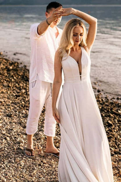 Chicloth V-Neck Sleeveless Wedding Dress Beach Long