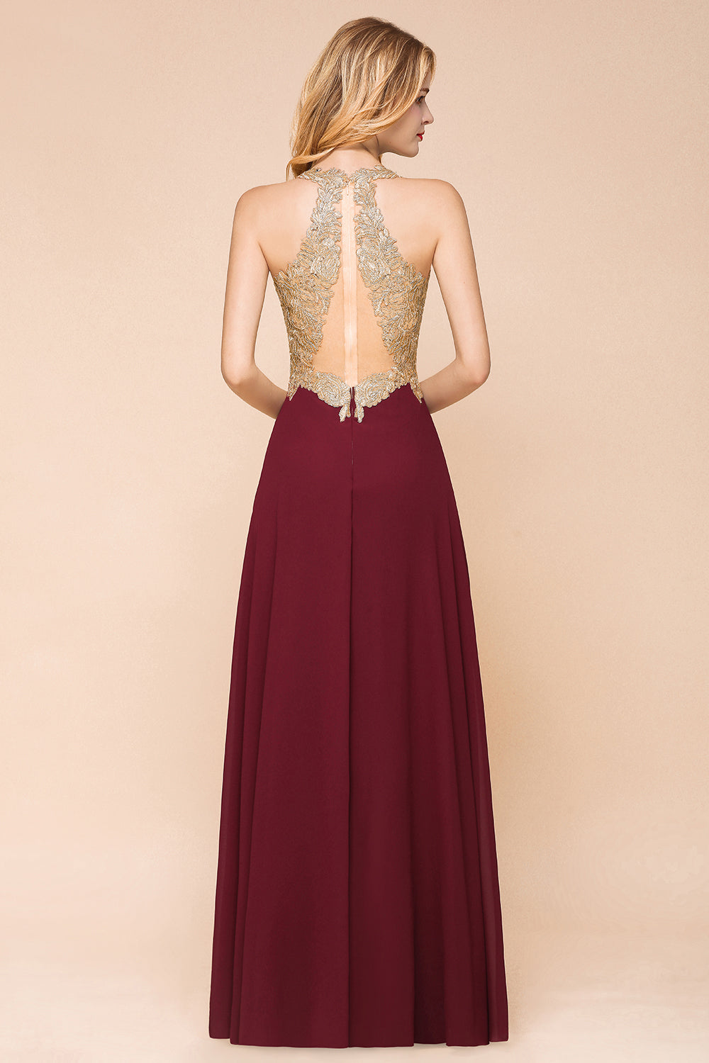 Chicloth Gorgeous V-Neck Burgundy Prom Dress Long Sleeveless Evening Gowns With Appliques