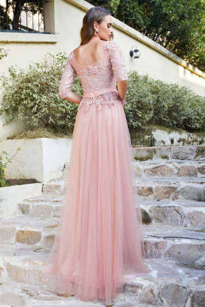 Elegant Half Sleeves Aline Evening Dress Jewel Neck Lace Appliques Tulle Front Split Party Dress - Prom Dresses