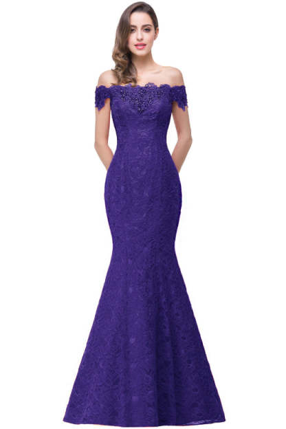 Elegant Off-the-Shoulder Trumpet Bridesmaid Dress Lace Long Evening Dress - Regency / US 4 - Prom Dresses