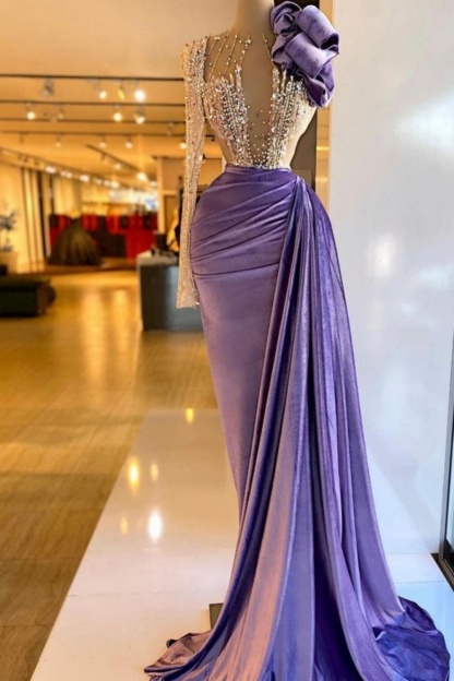 Elegant Purple Beaded One-Shoulder Long Sleeve Prom Dress | V-Neck Decoration Column Prom Dress