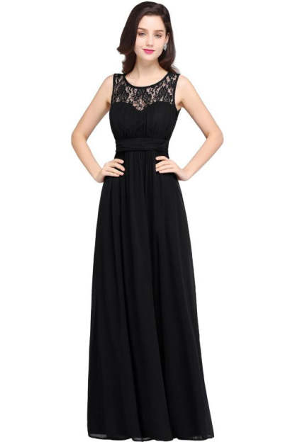 Elegant Round Neck Chiffon Formal Dress Sleveless Aline Evening Dress Floor Length - Black / US 2 - Prom Dresses
