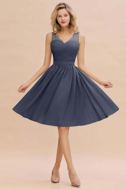 Elegant Ruffle Chiffon Short Bridesmaid Dress Sleeveless V-Neck Aline Knee Length Homecoming Dress - Stormy / US 2 - Prom Dresses
