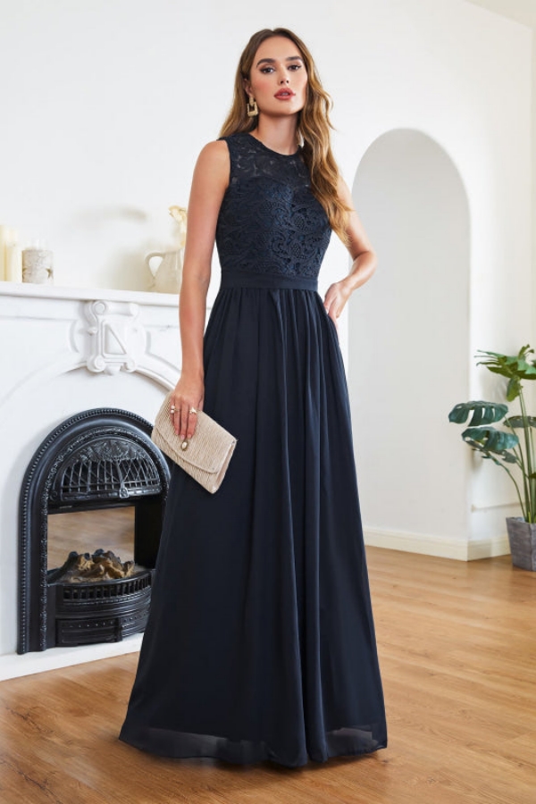 Elegant Sleeveless A-Line Chiffon Bridesmaid Dress Scoop Neck Floral lace Wedding Guest Dress