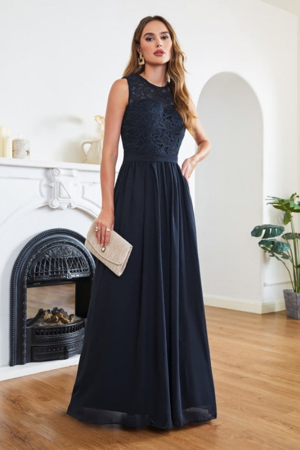 Elegant Sleeveless A-Line Chiffon Bridesmaid Dress Scoop Neck Floral lace Wedding Guest Dress