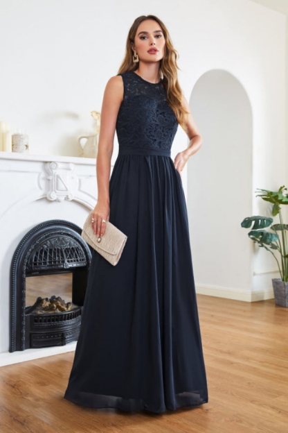 Elegant Sleeveless A-Line Chiffon Bridesmaid Dress Scoop Neck Floral lace Wedding Guest Dress