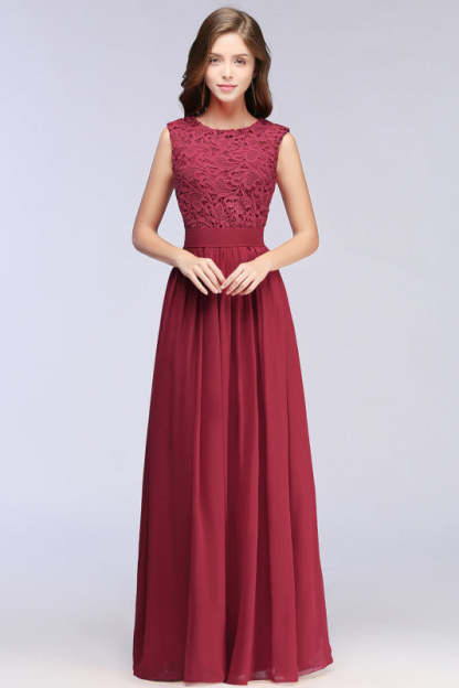 Elegant Scoop Neck Sleeveless A-Line Chiffon Evening Dress Floral lace Long Formal Dress - Prom Dresses