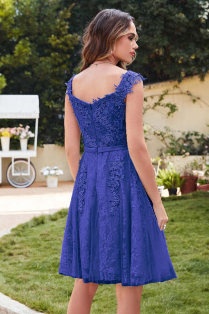 Elegant Scoop Neck Tulle Lace Short Homecoming Dress Sleeveless Appliques Mini Party Dress - Prom Dresses