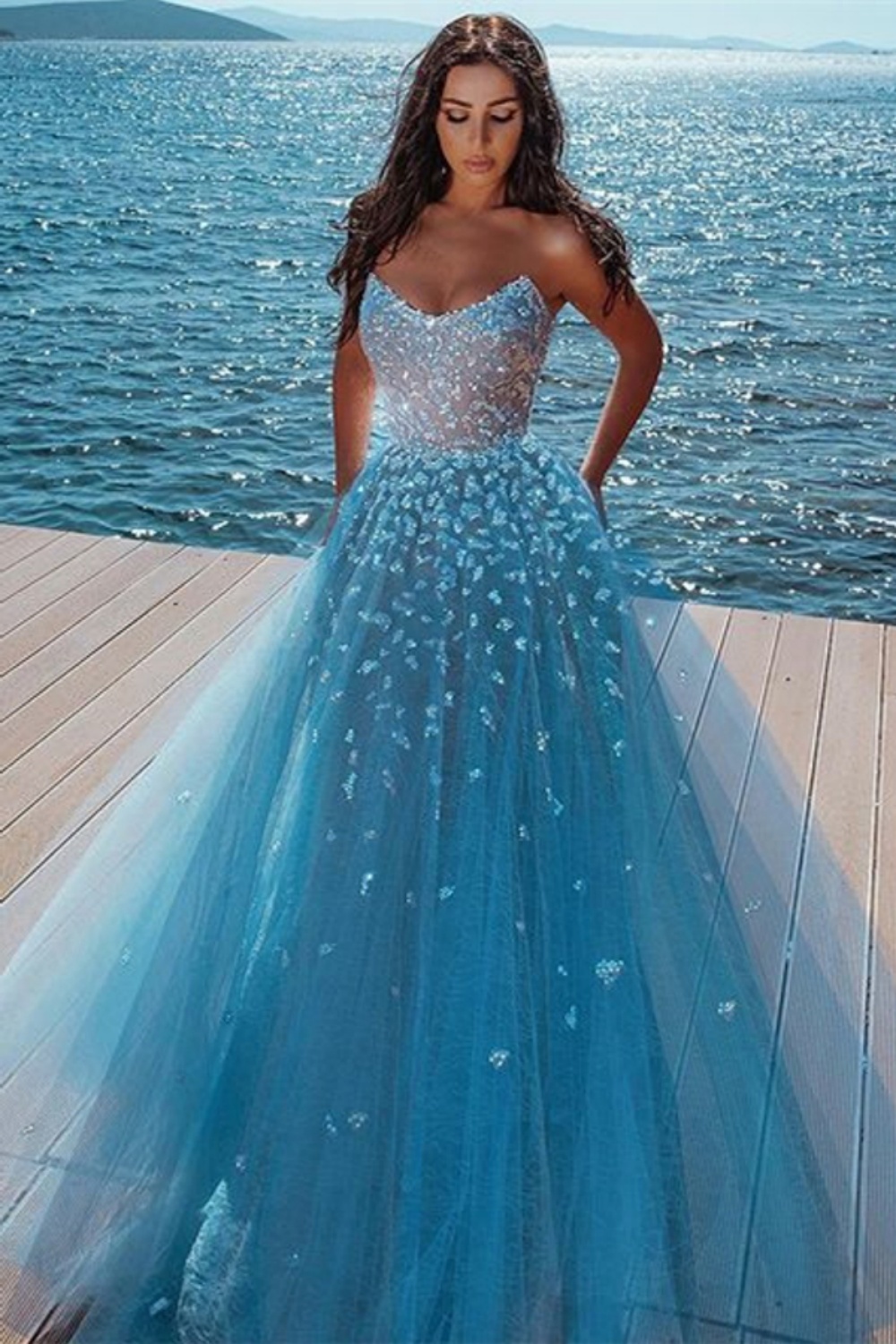 Elegant Sky Blue Butterfly Strapless Sweetheart Tulle Sparkle Prom Dress
