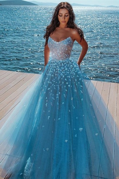 Elegant Sky Blue Butterfly Strapless Sweetheart Tulle Sparkle Prom Dress