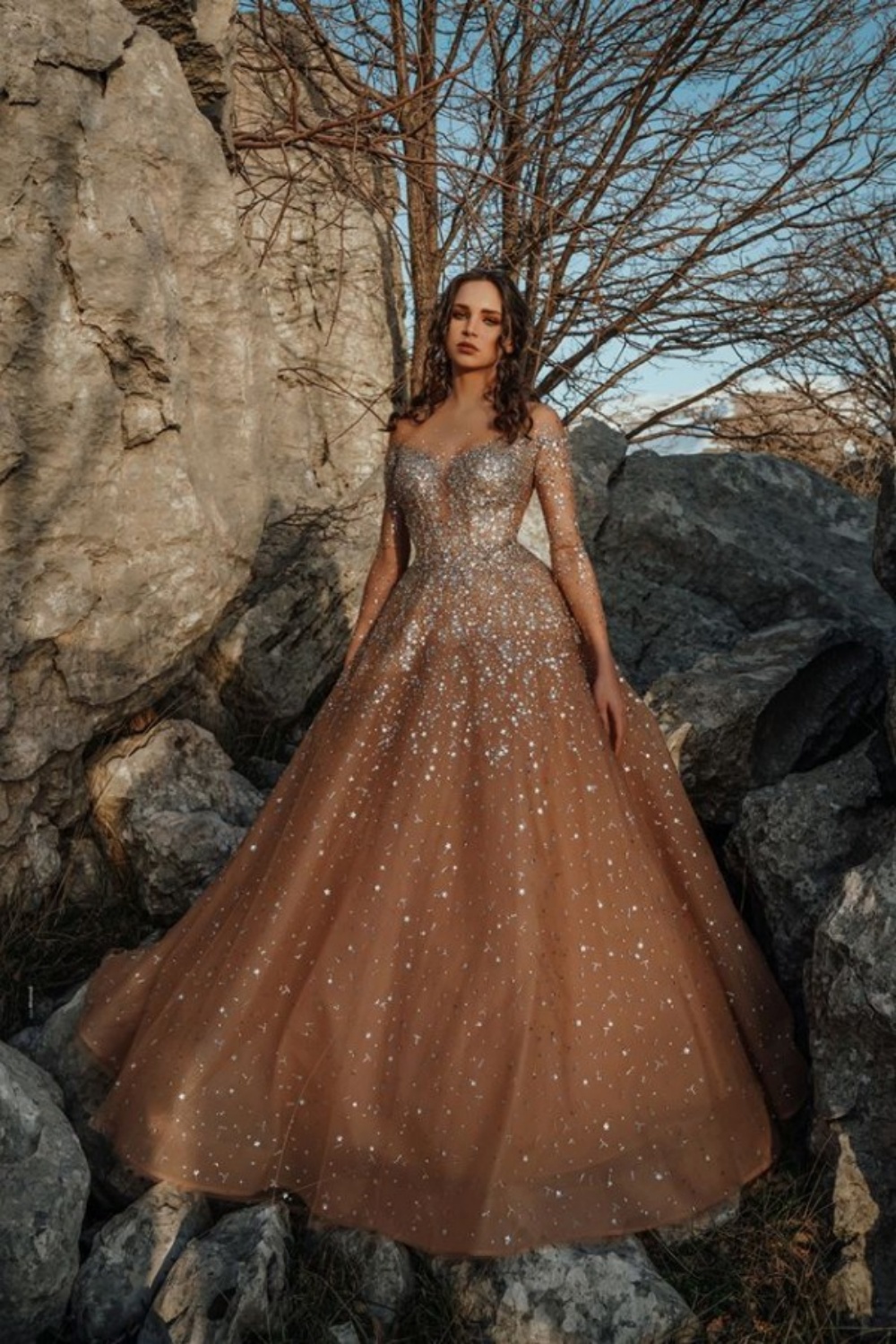 Elegant Sparkle Beaded Sweetheart Dark Champagne Prom Dress